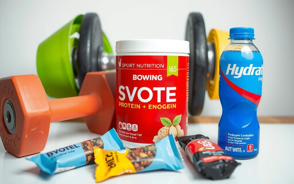 Auswahl an Sporternährungsprodukten wie Proteinshakes und Riegeln mit Sportgeräten im Hintergrund.