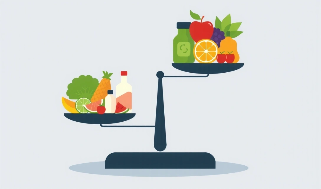 Illustration einer Waage, die Ernährung und Lebensstil im Gleichgewicht hält.