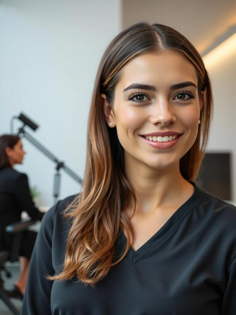 Porträt einer freundlichen, professionellen Ernährungsberaterin, die lächelt und Vertrauen ausstrahlt.